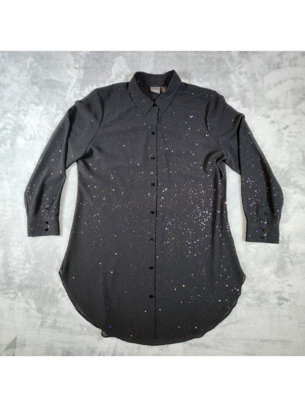 Chicos Travelers Sparkle Sheer Tunic Top 2 Black Shimmer Celestial Starry Night